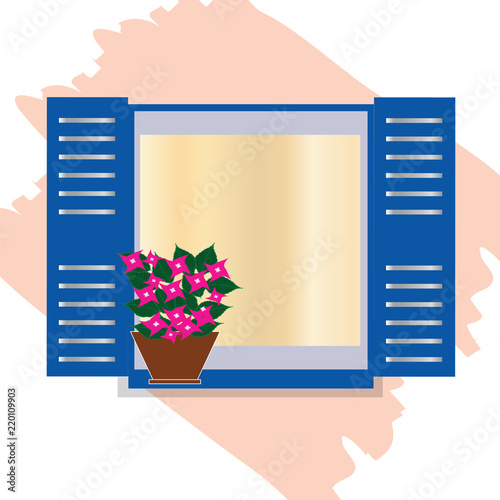 traditional greek blue window with bougainvillea flowers - Cyclades Greece