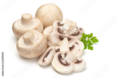 Champignons with Sliced champignons, close-up, isolated on white background.