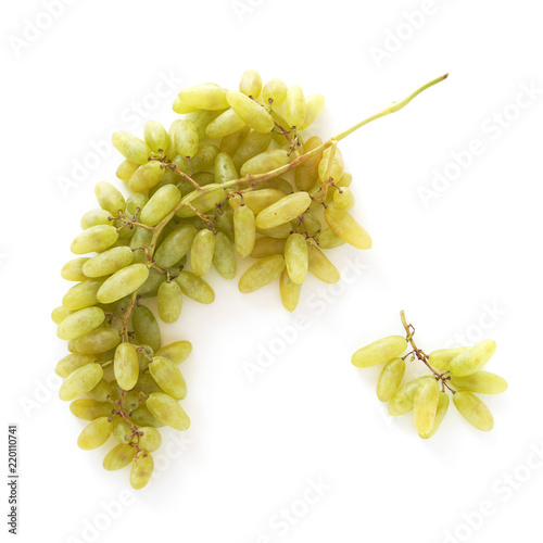 Bunch of green grapes isolated on white background, top view.