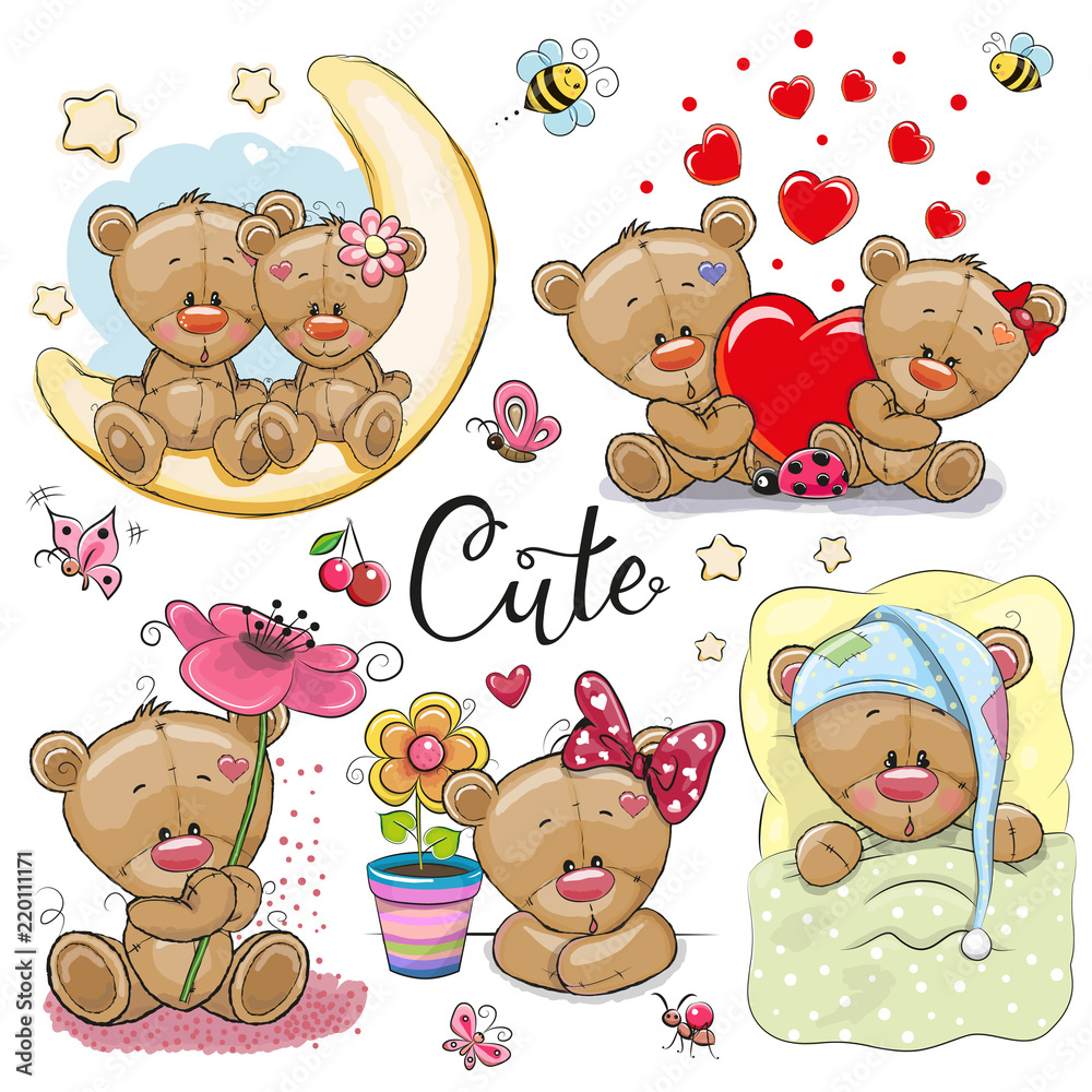 Set of Cartoon Teddy Bear on a white background Stock Vector | Adobe Stock