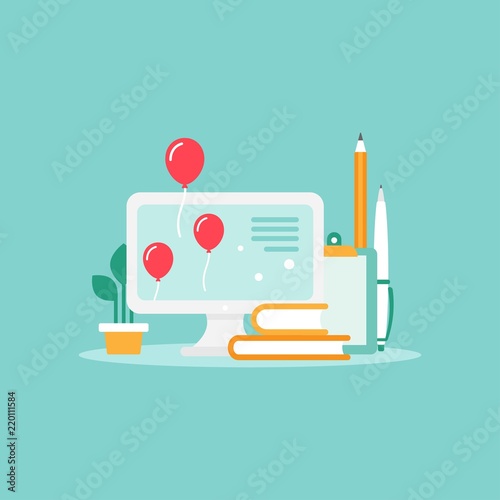 workplace with computer screen, pen, pencil books and air balloons. workplace isolated on blue background.