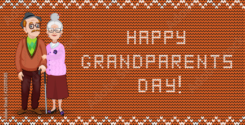 Vector cartoon loving elderly couple embrace on orange fabric knitting background