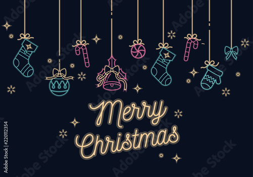 Vector linear neon design Christmas greetings card on dark background. Typography and icons for Xmas background, banners or posters and other printables. photo