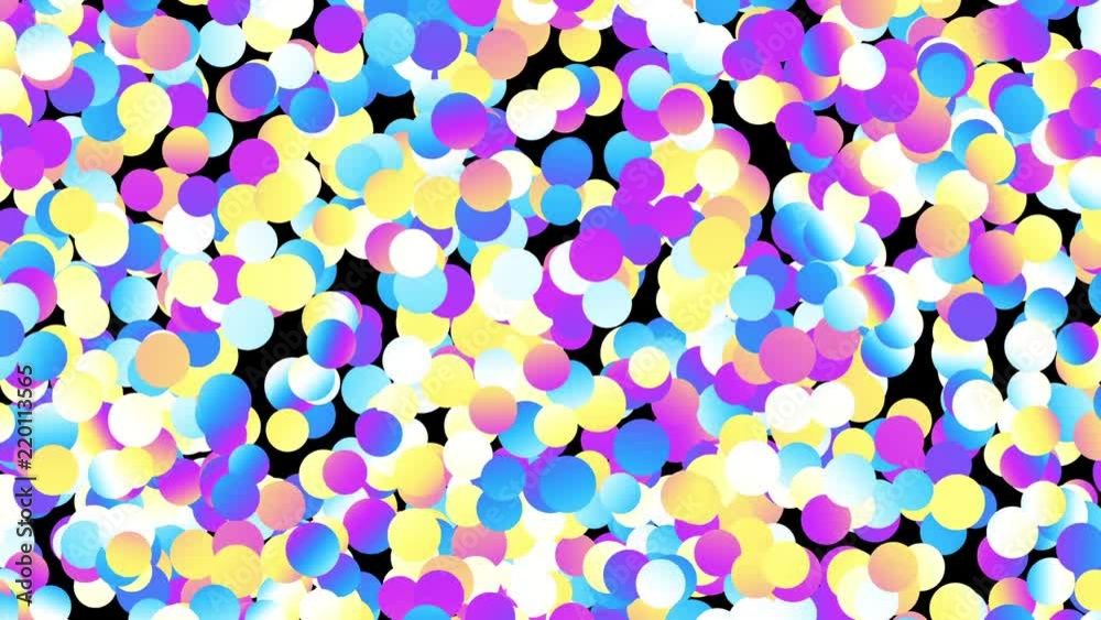 Moving irregular polka dot. Random multicolor confetti. Abstract screensaver for video.
