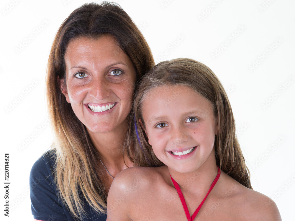 Portrait of cute cheerful happy mother and daughter isolated over white background Portrait of cute cheerful happy mother and daughter isolated over white background