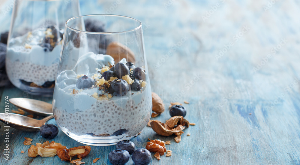 Blueberries and yogurt chia pudding parfait