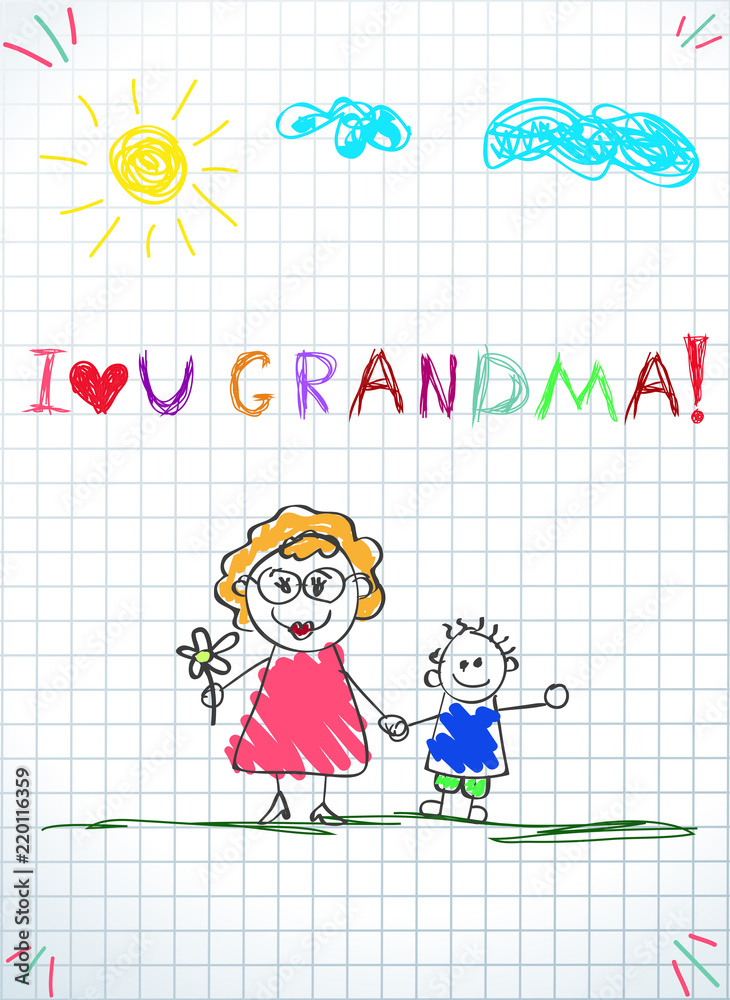 Colorful pencil hand drawn vector illustration of grandmother and grandchild holding hands