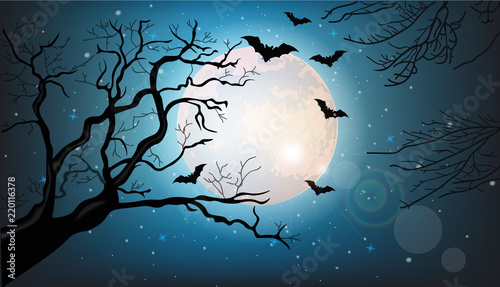 Obraz na plátne Tree branches silhouette and bats flying at night Vector