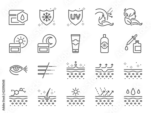 Skin care icon set. Included icons as collagen, medical cosmetic, sunscreen, facial cream, healthy skin, wrinkle and more.