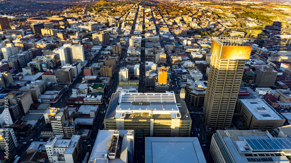 Obraz premium Urban city aerial shoot of Johannesburg landscape, South Africa