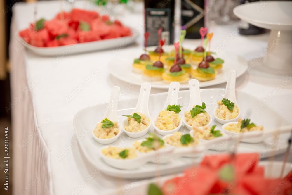 Food Wedding Event Table. Buffet line in Wedding. Delicious appetizer close-up.