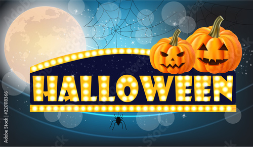 Halloween lights card with full moon and pumpkins Vector