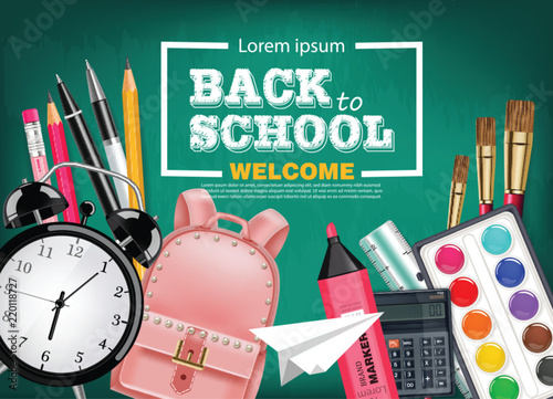 Back to school card with satchel, alarm clock, pencils and other tools Vector realistic. Chalk board background. Detailed 3d illustrations