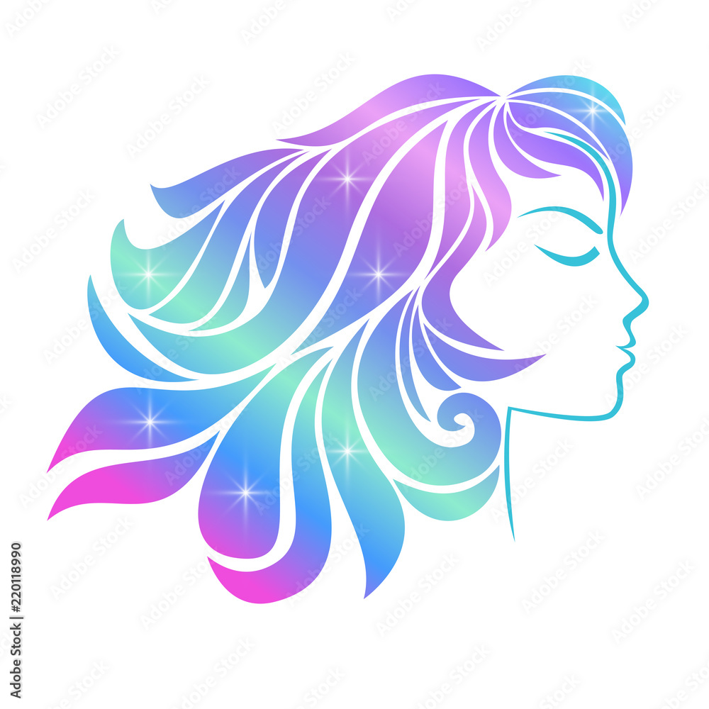 Profile of a young girl isolated on a white background. Multi-colored hair with stars. Holographic effect Profile of a young girl isolated on a white background. Multi-colored hair with stars. Holographic effect