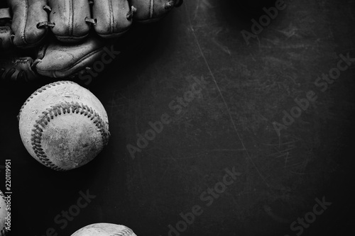Wall Mural Black and white baseball graphic banner with ball and mitt on grunge background