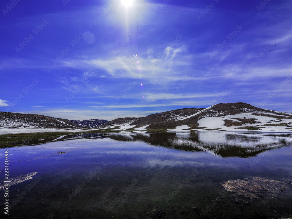 Lake reflecting snow mountain during a fine day