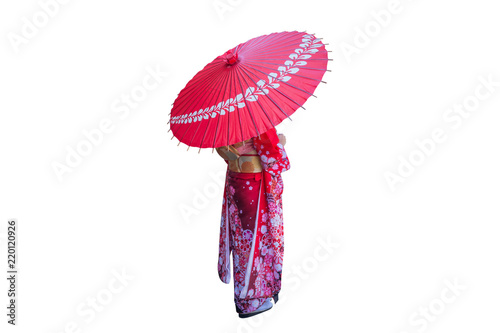 Fotografie Asian woman wearing japanese traditional kimono with umbrella on white background