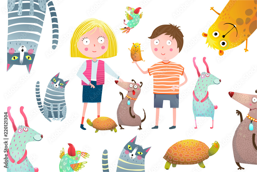 Young kids and domestic animals vector cartoon. Stock Vector | Adobe Stock