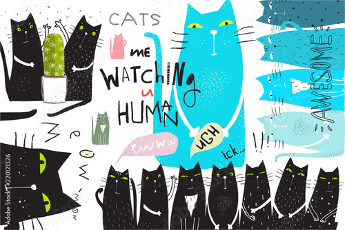 Koty zwierzęta kolaż ręcznie rysowane projekt graficzny.