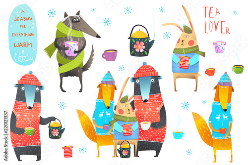 Seasonal winter clip art collection with animals and tea cups.