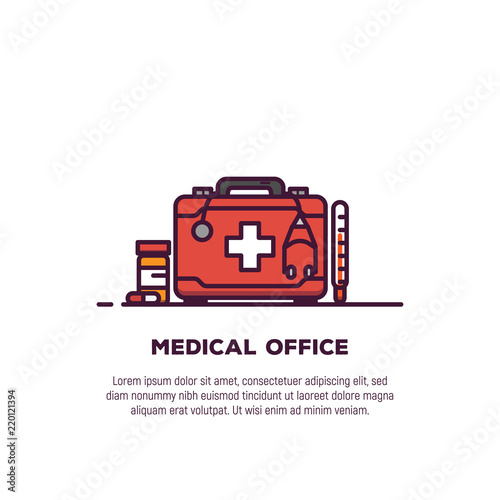 Medical treatment and clinic concept. Health and medicine banner. Medical doctor suitcase with tools and pills. First kit and medical help sign. Line style trendy banner.