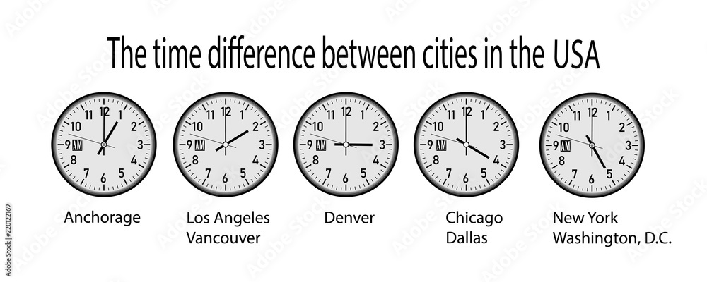 wall clock showing time in different cities of USA Stock Vector | Adobe ...