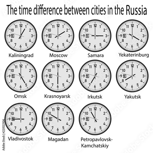 wall clock showing time in different cities of Russia