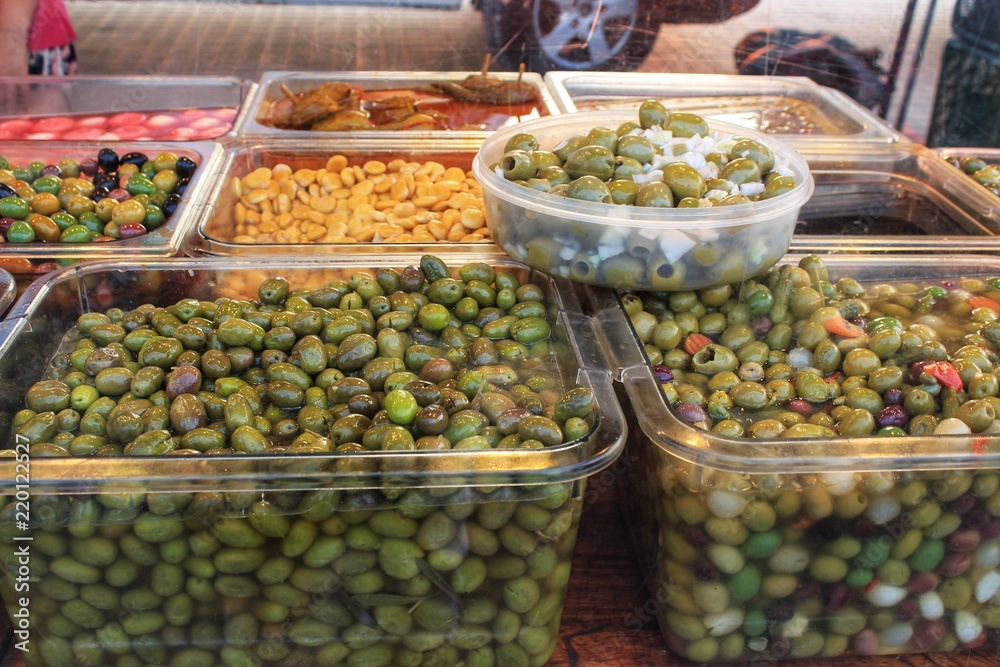Olives and pickles at a market stall