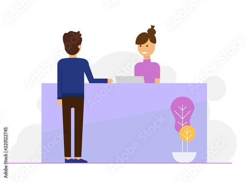 customer at reception and young woman receptionist vector illustration