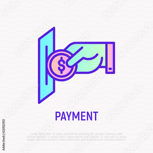 Hand inserting coin in payment slot. Payment for laundry, gaming, purchase. Thin line icon. Modern vector illustration.