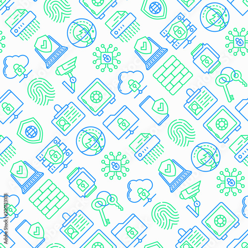 Security and protection seamless pattern with thin line icons: mobile security, fingerprint, face ID, secure folder, surveillance camera, keyset, shredder, encrypted messaging. Vector illustration.
