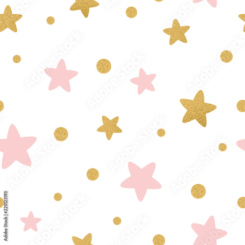 Vector seamless pattern gold pink stars for Christmas backgound or baby shower textile on white