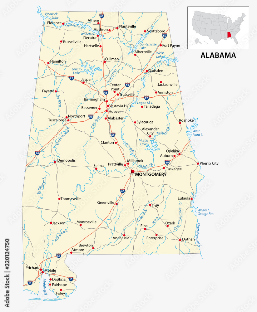 Road Map Of The US American State Of Alabama Stock Vector Adobe Stock 1000 F 220124750 PBK0skH7rEPVxohcElGZ12gi8WT4OyU4 