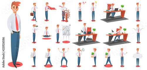 Big set of confident, attractive, young businessman character in different action and gesture. Vector illustration