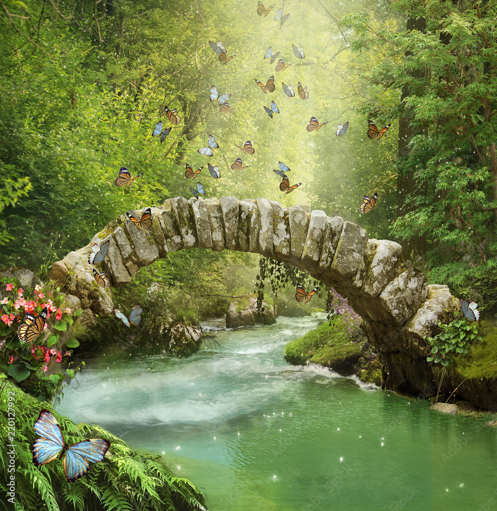 Fototapeta 3D magiczny most w lesie nad rzeką i kolorowe motyle