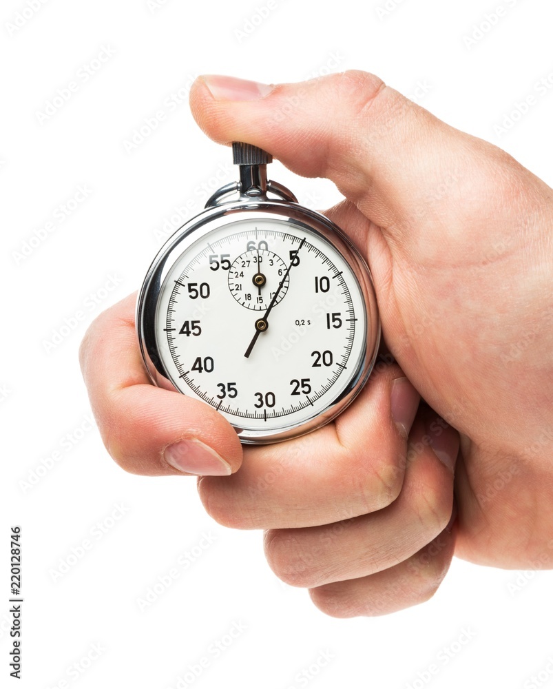 Close Up Of Hand Holding Stopwatch on White Blackground Close Up Of Hand Holding Stopwatch on White Blackground