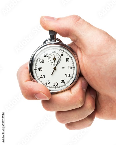 Close Up Of Hand Holding Stopwatch on White Blackground