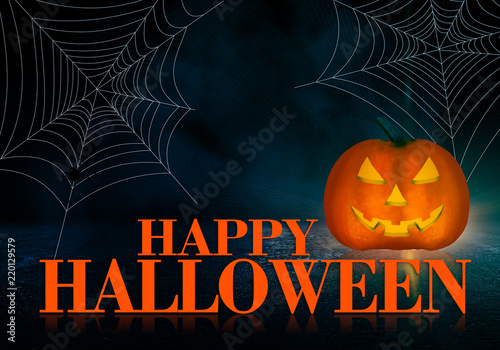Abstract dark background Halloween. Pumpkin  cobweb and inscription on a dark background with neon light  flash and glow