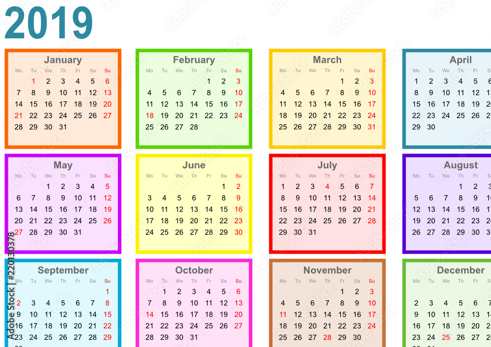 Kalender 2019, jeder Monat in einem andersfarbigen Quadrat und mit  Feiertagen für die USA Stock-Vektorgrafik | Adobe Stock
