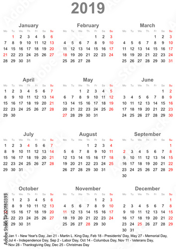 Einfacher Kalender 2019 mit gesetzlichen Feiertagen für die USA