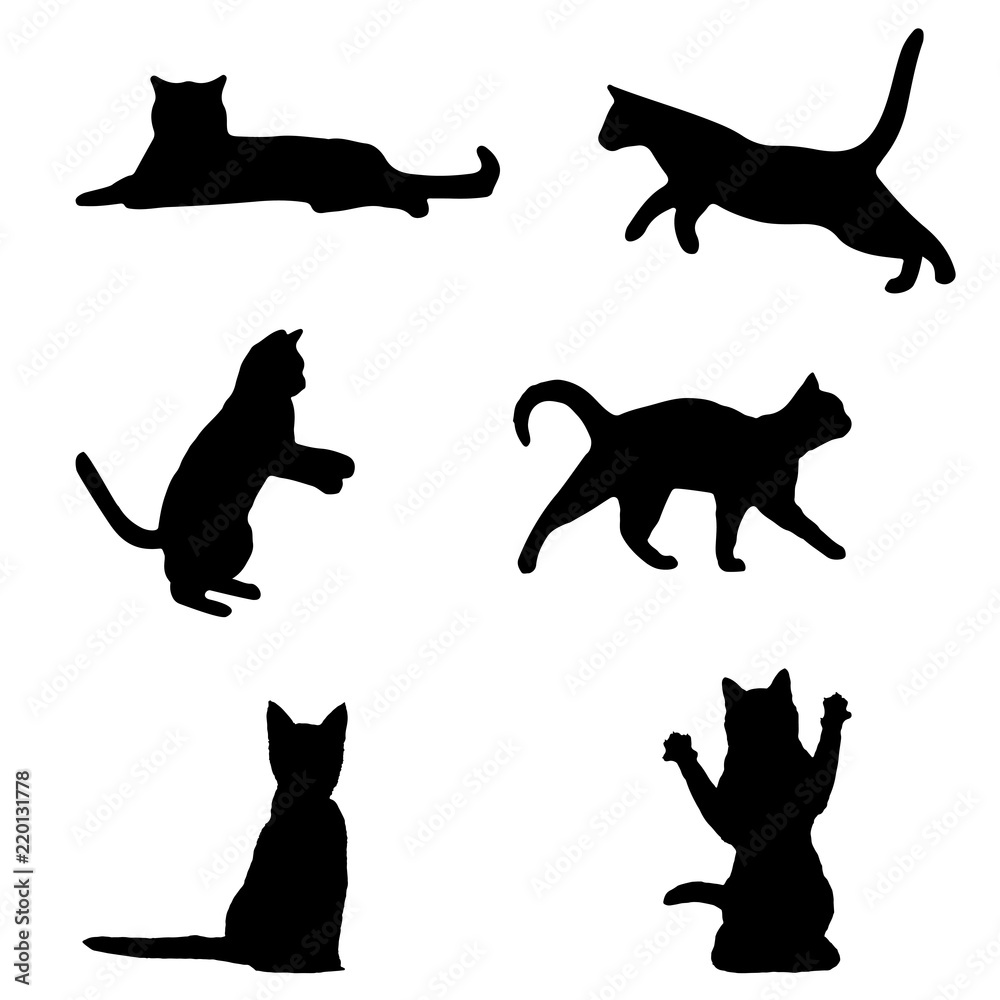 Set of black cat silhouette. cat sitting, walking, playing, different cats vector