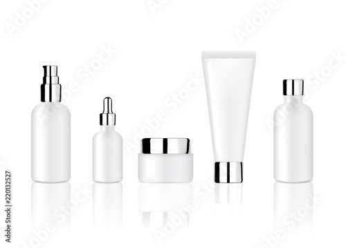 Mock up Realistic Glossy White Cosmetic Soap, Shampoo, Cream, Oil Dropper and Spray Bottles Set with Metallic Cap for Skincare Product Background Illustration