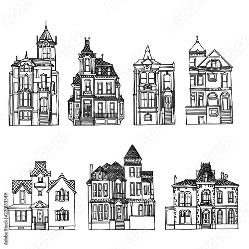 Victorian houses set. Architecture handdrawn inking sketches.