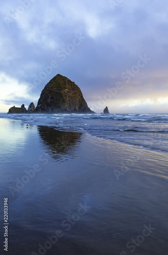 Haystack Rock reflecting in the water on the beach at sunset vertical photo