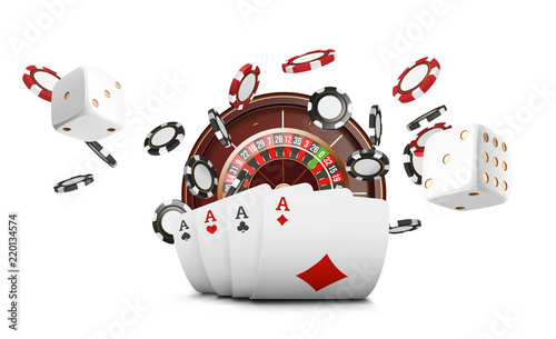 Playing cards and poker chips fly casino. Casino roulette concept on white background. Poker casino vector illustration. Red and black realistic chip in the air. Gambling poker mobile app icon.