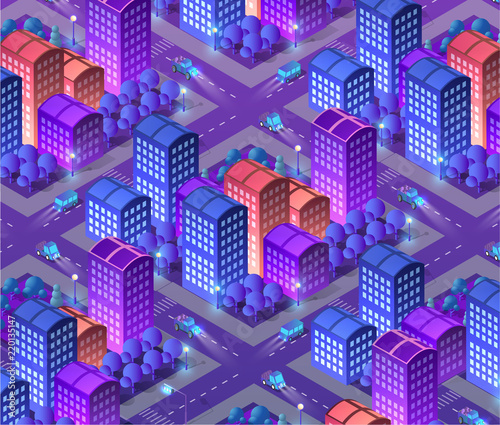 Isometric illustration megapolis city quarter with streets, skyscrapers, trees and houses. Urban landscape top view