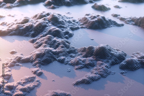 The mountains of voxel.Abstract black voxel background,cyberspace game city.  Futuristic technology background  ,3D illustration. photo