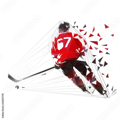 Ice hockey player skating with puck, low poly isolated vector illustration. Polygonal hockey player