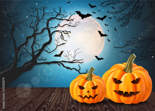 Halloween pumpkins card with full moon and bats background Vector