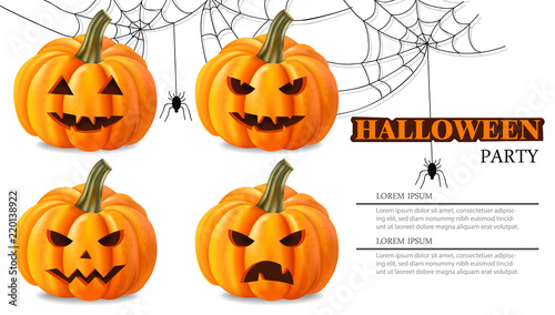 Halloween party pumpkin faces card Vector realistic. 3d detailed illustrations